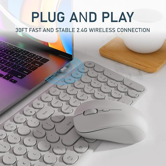 Wireless Keyboard and Mouse Combo, Slim Silent Round Keycaps (Gray) | 2.4GHz USB Plug-and-Play, Full-Size 110-Key Layout, Compatible with PC & Laptops