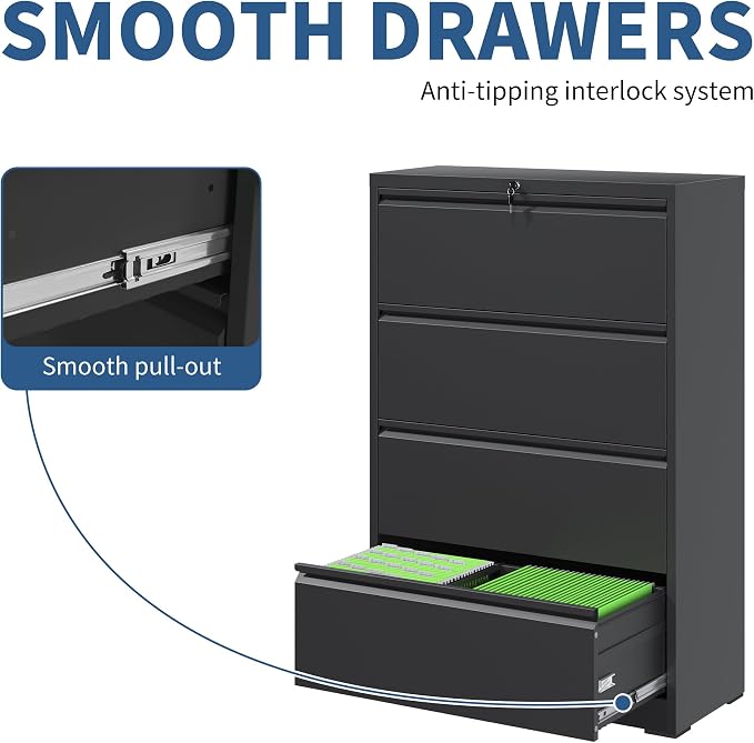 4 Drawer File Cabinet with Lock, Black Metal Lateral Filing Cabinets for Home Office, Heavy Duty Steel Horizontal Locking Storage Cabinet for Legal/Letter/A4 Size File, Assembly Required