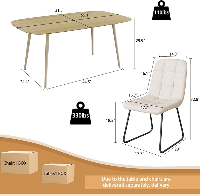 HIPIHOM 47.2'' Dining Table Set for 4 - Modern Wood Table with Cat Scratch-Resistant Surface & 4 U-Shaped White Leather Chairs, Kitchen & Dining Room Furniture, Space-Saving Table and Chairs Set