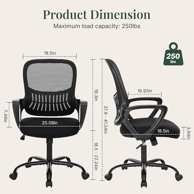Home Office Desk Chair, Ergonomic Mid-Back Mesh Computer Task Chair with Comfortable Lumbar Support, Height Adjustable Swivel with Fixed Armrest for Adults, Student, Black