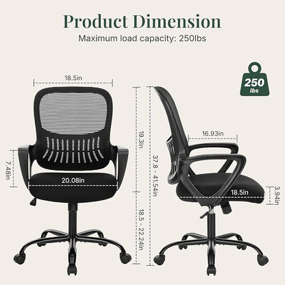 Home Office Desk Chair, Ergonomic Mid-Back Mesh Computer Task Chair with Comfortable Lumbar Support, Height Adjustable Swivel with Fixed Armrest for Adults, Student, Black