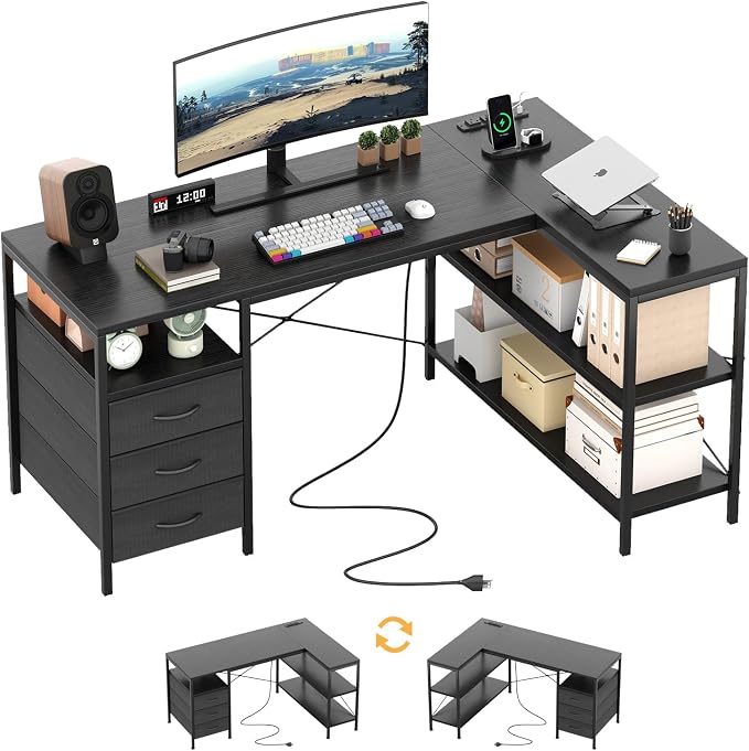 MUTUN L Shaped Computer Desk with 3 Drawers & Power Outlets, 47 Inch Corner Desk with Reversible Storage Shelves, PC Table for Home Office Bedroom (Black, 47 Inch)