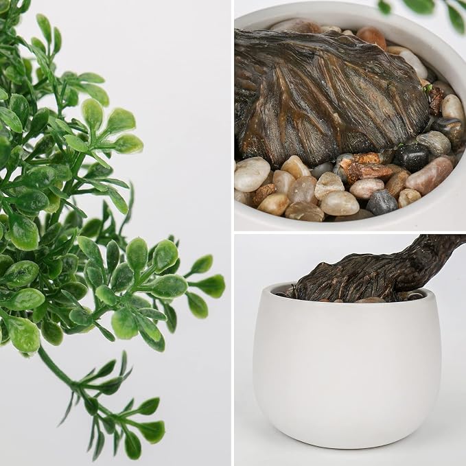 Fake Bonsai Tree Zen Juniper Bonsai Plant 9” Tall Artificial Bonsai Trees with White Ceramic Pot Decorated with Pebbles Desk Plant Indoor Bonsai for Home Office Decor