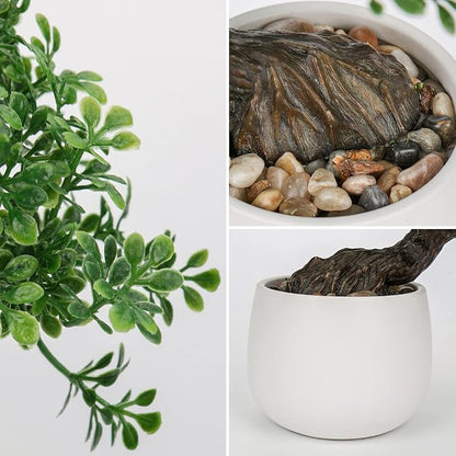 Fake Bonsai Tree Zen Juniper Bonsai Plant 9” Tall Artificial Bonsai Trees with White Ceramic Pot Decorated with Pebbles Desk Plant Indoor Bonsai for Home Office Decor