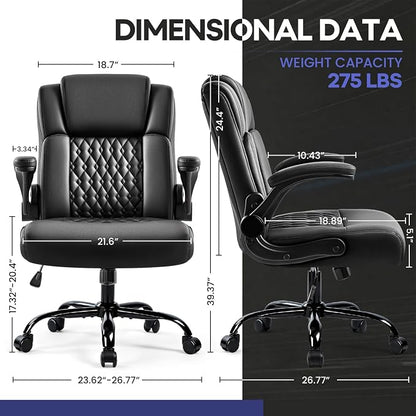 OFIKA Leather Office Desk Chair,Ergonomic Office Chair with Lumbar Support,Computer Chair,Executive Leather Chair with Padded Flip-up Arm,Adjustable Armrests, Black,275LBS
