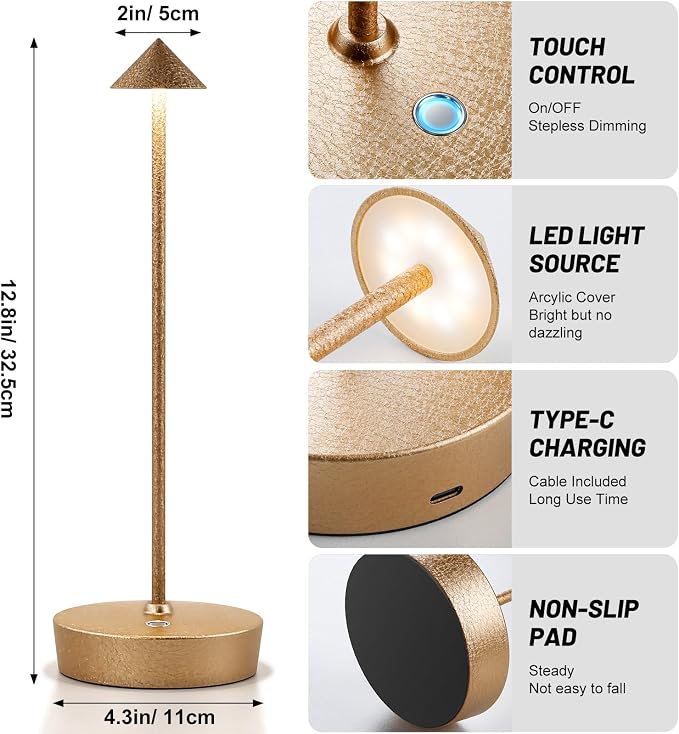 2Pack Rechargeable Cordless Table Lamp, Portable Powered LED Battery 6000mAh Metal USB Desk Lamp, 3 Levels Brightness Light for Restaurants Outdoor (2pack LCE Flower Gold)