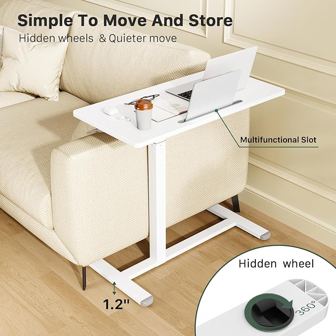 Gibbon Mounts Mobile Standing Desk, 32Inch Pneumatic Adjustable Rolling Desk, Portable Laptop Desk with Wheels, Overbed Bedside Table Laptop Table for Couch, Home, Office, White