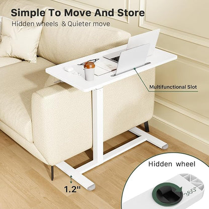 Gibbon Mounts Mobile Standing Desk, 32Inch Pneumatic Adjustable Rolling Desk, Portable Laptop Desk with Wheels, Overbed Bedside Table Laptop Table for Couch, Home, Office, White