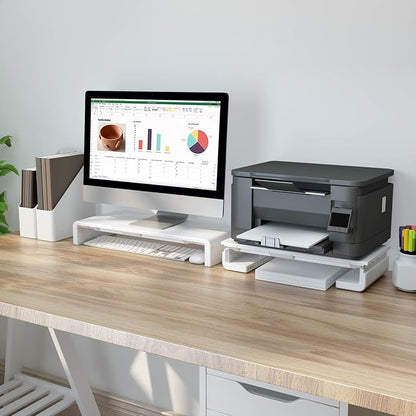 Monitor Stand Riser, Klearlook Foldable Computer Monitor Riser, Height Adjustable Computer Stand, Desk Shelf Riser with Storage Drawer & Tablet Phone Stand for Computer, Desktop, Laptop (White 2 Pack)