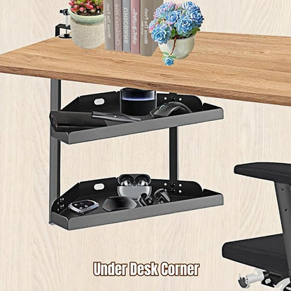 CanKing Corner Desk Clamp Shelf 16 Inch 2 Tier Adjustable Storage Rack | Sturdy metal organizer saves space, fits securely on or under corner of table for office, gaming & cubicle