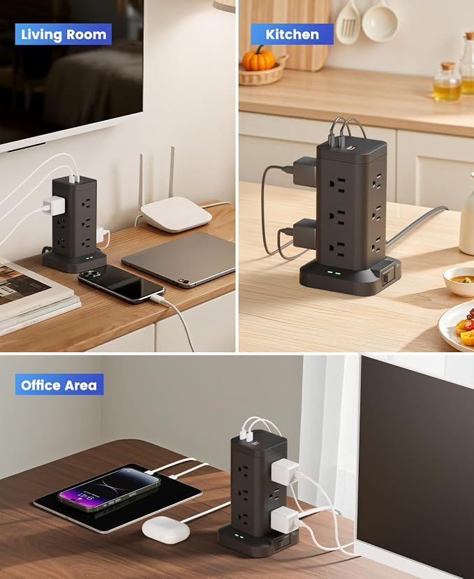 1800J Surge Power Strip Tower 1800J Fast Charging PD20W USB-C Black 10FT | 15-in-1 outlets with 12 AC plug, 2 USB-C & 1 USB-A; 10ft extension cords with multiple outlets; for home office dorm room;