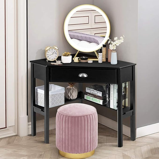 POWERSTONE Corner Desk for Small Space - Triangle Computer Writing Desk Corner Makeup Vanity Table with Storage Drawer & Shelf for Home Office, Workstation, Living Room, Bedroom,Black