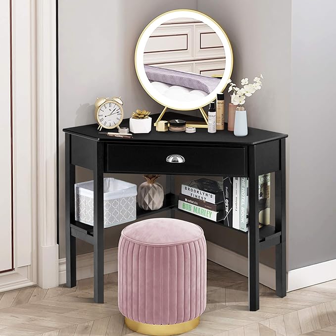 DORTALA Corner Desk, Writing & Study Corner Computer Desk, Laptop PC Table, Wood Home Office Desk, Small Corner Desk w/Storage Drawer, Shelves, Office Study Workstation, White Corner Desk (Black)
