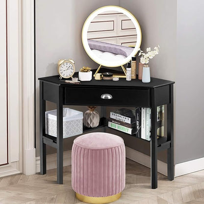 HOMGX Corner Desk, Writing and Study Corner Computer Desk, Laptop PC Table, Wood Home Office Desk, Small Corner Desk with Storage Drawer, Shelves, Office Study Workstation (Black)
