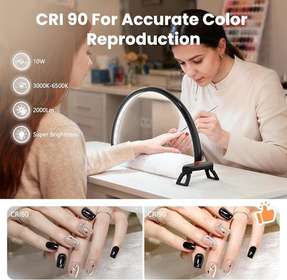 Yokilly Arc Half Moon Light: 16" Half Moon Light with Foldable Bracket for Desk Salon Table Use - No Flicker & Shadow-Free Desk Lamp with Stepless Brightness 3000-6500K for Manicurist Nail Tech