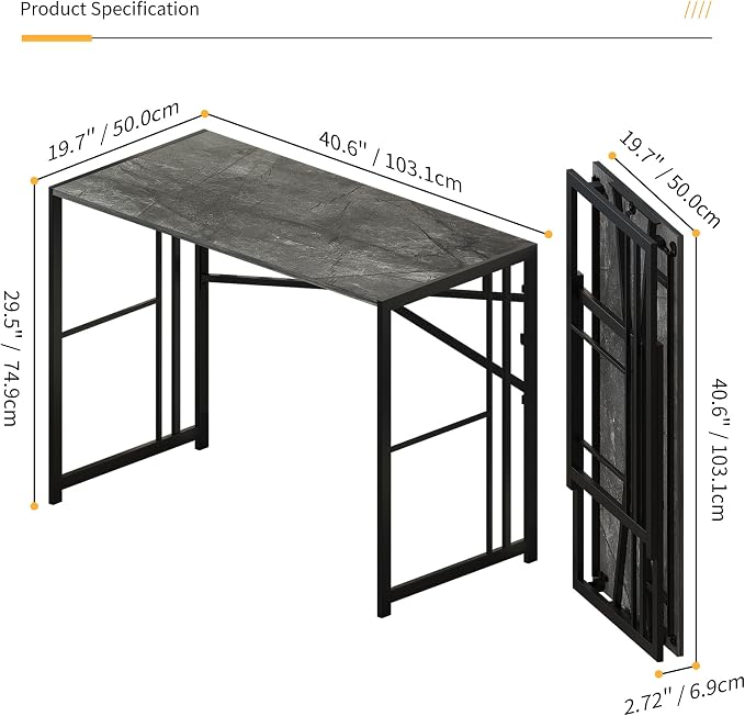 Lutown-Teen Folding Desk 40 inch Writing Gaming Computer Camping Desk, No Assembly Required Home Office Table, Grey