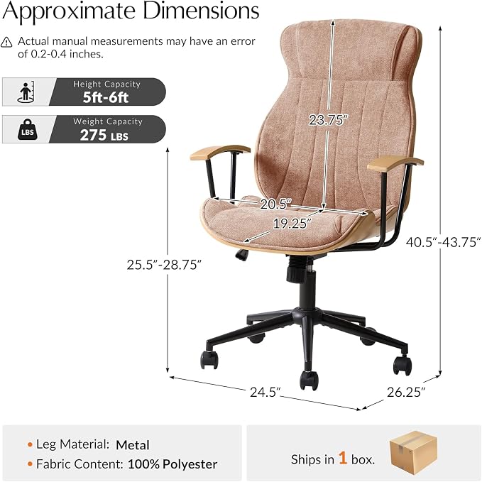 HULALA HOME Solid Wood Office Chair with Tilt Function, Mid Century Modern Bentwood Desk Chair with High Backrest, Height Adjustable Swivel Fabric Computer Task Chair, Spice
