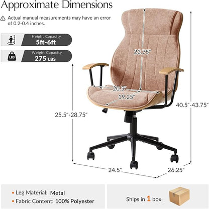 HULALA HOME Solid Wood Office Chair with Tilt Function, Mid Century Modern Bentwood Desk Chair with High Backrest, Height Adjustable Swivel Fabric Computer Task Chair, Spice
