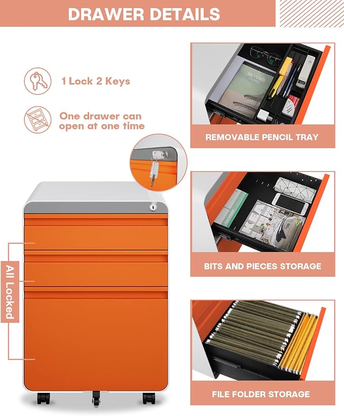 Dripex 3 Drawer File Cabinet, Mobile Under Desk Storage File Cabinet with Lock on Wheels, Letter/Legal Size, Fully Assembled, Vertical Metal Rolling Filing Cabinets for Home Office (Orange+White)