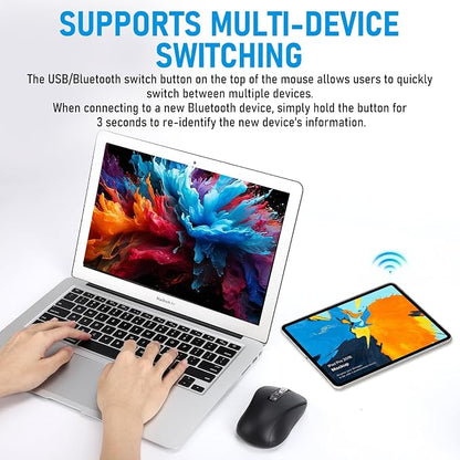 Wireless Bluetooth Mouse, 3-Device Multi-Mode (USB + 2 Bluetooth), 4-Way Metal Scroll Wheel, Adjustable DPI, Silent Click, Long Battery Life, Ergonomic Mouse for Laptop, PC, Mac, iPad (Dark Black, 7)