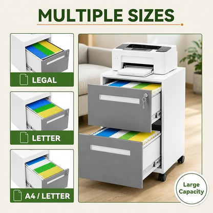 SAWJEC 2 Drawer File Cabinet with Lock, Grey Fully Assembled Rolling Metal Filing Cabinet for Home Office, Fits Letter/Legal/A4, Grey, 18" D x 15" W x 27" H