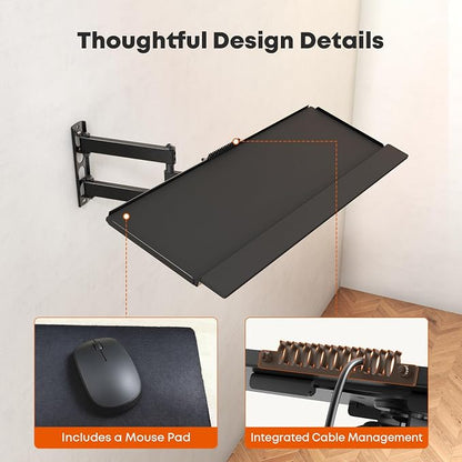 PUTORSEN Wall Mount Keyboard Tray with Adjustable Arm - Ergonomic Swivel & Tilt, Universal Keyboard and Mouse Tray for Home Office, Gaming & Streaming, 7.6"x25.8" Platform, Holds up to 19.8 lbs
