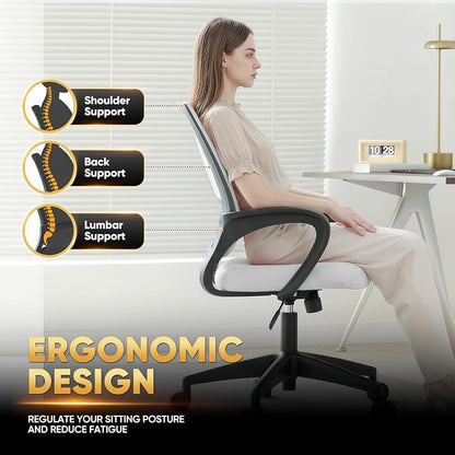 Magshion Ergonomic Office Desk Chair, Mid-Back Mesh Computer Chair, Swivel Chair with Breathable Backrest & Lumbar Support, Adjustable Height for Gaming, Work, Study, 300 Lbs Capacity, White