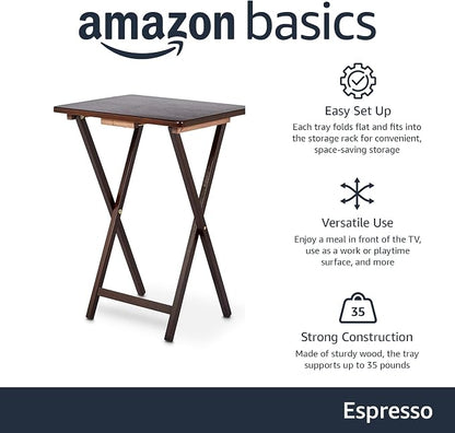 Amazon Basics Portable Foldable TV Tray Table with Storage Rack, Space-Saving Design, Sturdy Wood, 14.6"L x 19"W x 26"H, Espresso, 4-Pack
