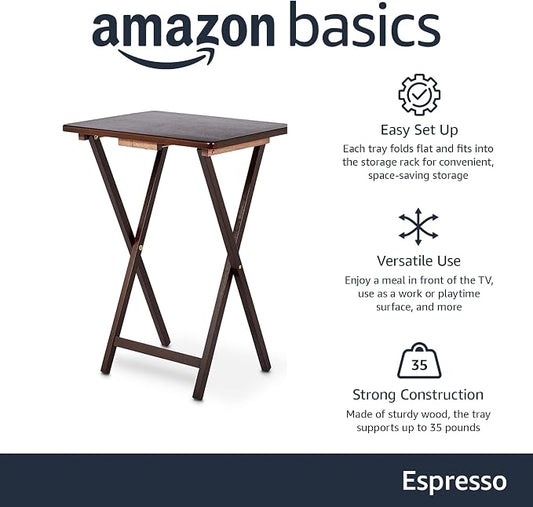Amazon Basics Portable Foldable TV Tray Table with Storage Rack, Space-Saving Design, Sturdy Wood, 14.6"L x 19"W x 26"H, Espresso, 4-Pack