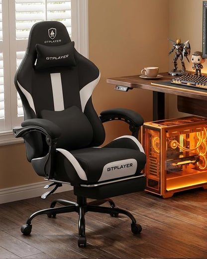 GTPLAYER Gaming Chair with Foot Rest & Pocket Spring Cushion, Ergonomic High Back Computer Desk Chair with Headrest & Lumbar Support for Back Pain Relief, Breathable Fabric, Black