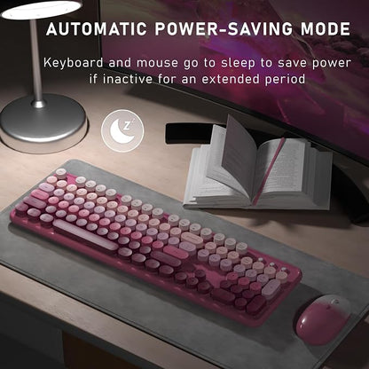 Links9+ Wireless Keyboard and Mouse, Full-Size Retro Typewriter Keyboard with Round Keycaps, 2.4GHz for Windows, Mac, Laptop, PC, Desktop (Dark Pink Gradient)