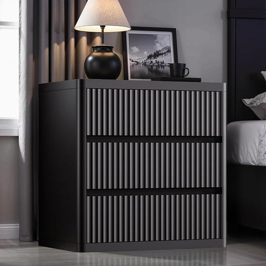 Black Nightstand Set 2, Bedside Table with 3 Drawers Storage, Curved Profile Fluted Night Stand for Bedroom, Wooden Side Tables Living Room, 24.8” Wide End Table for Sofa Couch, Handleless Design