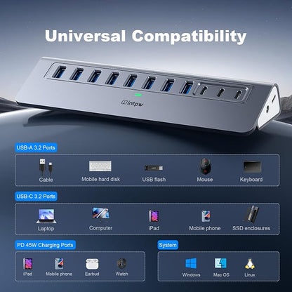 Powered USB Hub 10Gbps, Intpw YH9AC Plus 13 Port USB 3.2 Hub(USB A/USB C 3.2+6 USB-A 3.0+2 PD 45W Fast Charging Port+SD/TF Card Reader), 65W Power Adapter,Aluminum USB HUB for PC,Laptop,iPhone 17/16