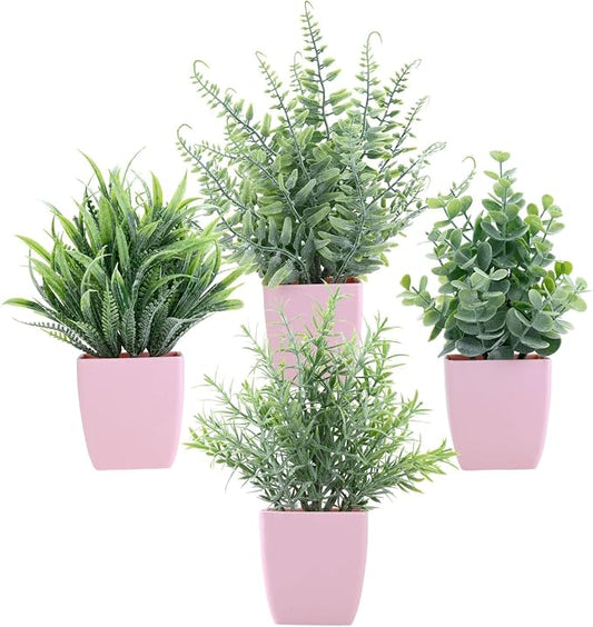 summer flower 4 Pack Small Fake Plants in Pink Pot Artificial Plant Indoor Eucalyptus Wheat Grass Ferns Rosemary Faux Greenery for Room Decor Home Office Desk Bathroom Kitchen Living Room Decorations