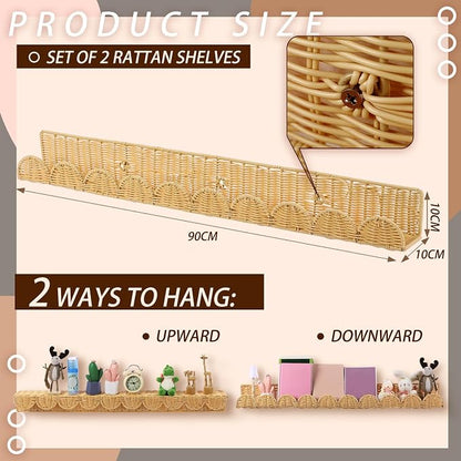 Pinkunn 4 Pcs Nursery Book Shelves 35.4 Inch Rattan Scalloped Floating Bookshelves Wicker Boho Book Shelf for Wall Mounted Decor Nursery Rooms Hanging
