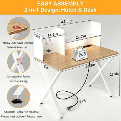 44"×24" White Computer Desk Home Office Gaming Desk with Charging Station Pegboard Motion Sensor Light, Modern Study Desk for Bedroom Living Room Game Kids Room Nursery