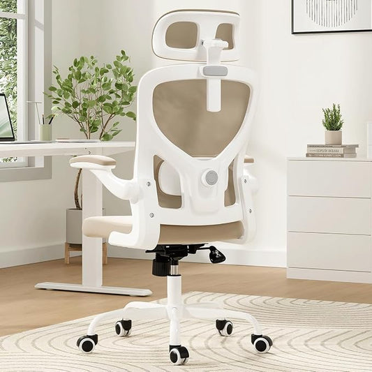 Soohow Ergonomic Office Chair, Office Mesh Desk Chair with Adjustable Lumbar Support Armrests, Comfy Computer Desk Chair with Headrest, for Home and Office, White & Khaki