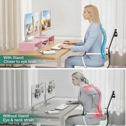 OPNICE Desk Organizers and Accessories, Dual Computer Monitor Stand Riser with Drawer, Office Decor for Women, Office Desk Accessories & Workspace Organizers for Home Office Supplies, Pink