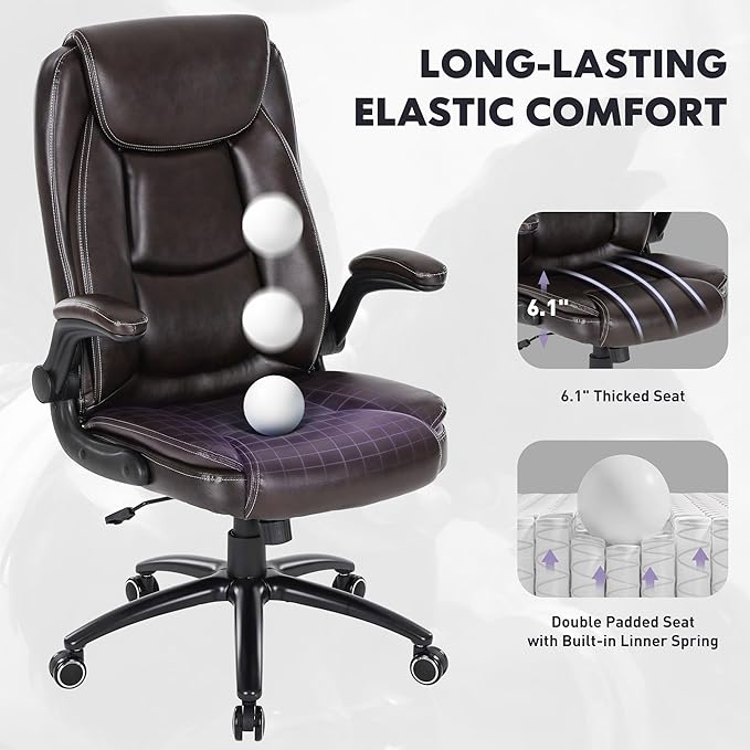 400lbs Capacity Executive Desk Chair with Ergonomic Lumbar Support, Flip-up Arms & High Back Leather Computer Chair for Home/Office, Brown