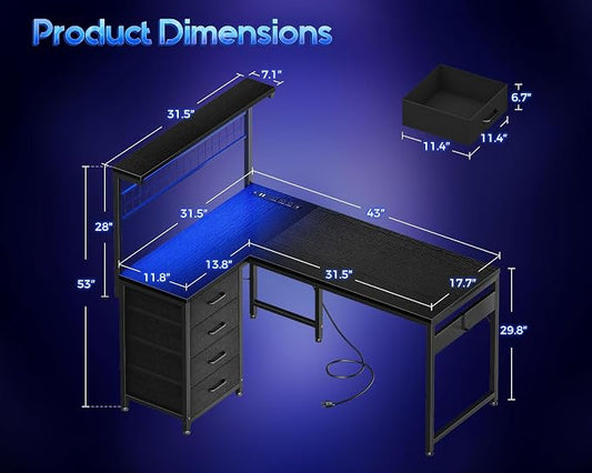 MOTPK 43” L Shaped Gaming Desk for Small Rooms, Compact Corner Computer Table with Shelf & Hutch, 4 Drawers, Reversible Study Desk with LED Light, Power Outlets & USB Ports, Home Office Table, Black