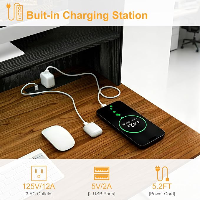 44"×24" Black Computer Desk with Charging Ports, Home Office Desk with Hutch Pegboard Study Gaming Desk with Motion Sensor Light, Modern Writing Desk Table for Home Office Bedroom Kis Room