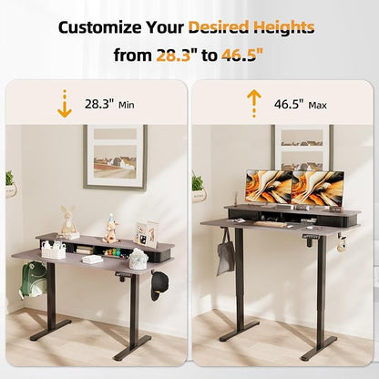 JOY worker Height Adjustable Electric Standing Desk with Storage Shelves, 48 Inch Table with Built-in Monitor Stand, Sit Stand Desk with 2 Hooks for Home Office, Grey Desktop & Black Frame