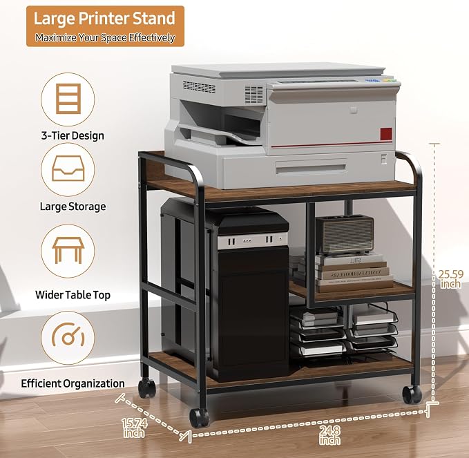 Printer Stand Large Storage for Office: Sturdy Steel Frame Mobile and Printer Table with Adjustable Storage Shelf - Easy Installation and Stability Design Table with Wheels for Scanners Paper File