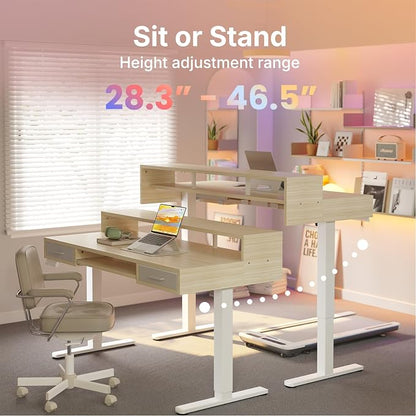 HUANUO 48″ x 26″ Electric Standing Desk with 2 Drawers &24.4″ Large Keyboard Tray, C-Clamp Mount Compatible, Adjustable Computer Desk for Office, Sit Stand Up Desk with 4 Height Presets, Light Walnut