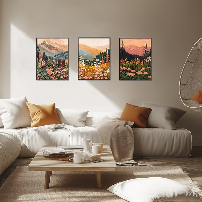 Boho Colorful Watercolor Mountain Posters Wall Art Set of 3 Wildflower Canvas Wall Decor Abstract Nature Landscape Artwork Paintings Picture Print for Living Room Bedroom Office 12x16 In Unframed
