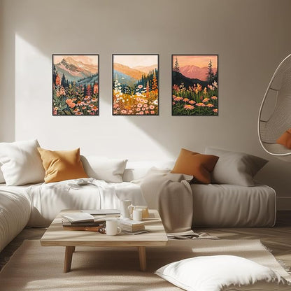 Boho Colorful Watercolor Mountain Posters Wall Art Set of 3 Wildflower Canvas Wall Decor Abstract Nature Landscape Artwork Paintings Picture Print for Living Room Bedroom Office 12x16 In Unframed