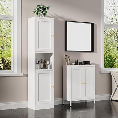 Bevivog Metal Bathroom Floor Storage Cabinet, Small Storage Sideboard with 2 Doors and 2 Adjustable Shelves, 12" Small Cabinets White Freestanding Locker for Entryway, Living Room, Hallway