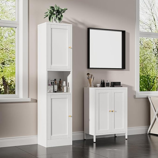 Bevivog Metal Bathroom Floor Storage Cabinet, Small Storage Sideboard with 2 Doors and 2 Adjustable Shelves, 12" Small Cabinets White Freestanding Locker for Entryway, Living Room, Hallway