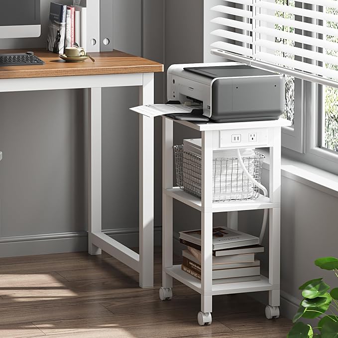TUTOTAK 3 Tier Printer Stand, Rolling Printer Cart with Power Outlets and USB Ports, Mobile Printer Table with Wheels, for Under Desk, Office, Home, White PS02BW001