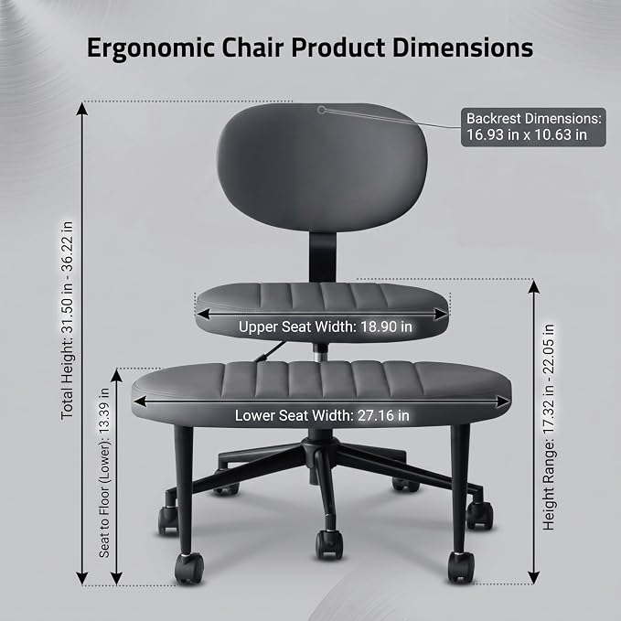 Cross Legged Office Chair with Wheels, 360 Swivel Height-Adjustable Meditation Chair with Lumbar Support, PU Leather, Gray